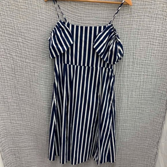 ZARA Cold Shoulder Nautical Navy Blue White Stripe Cotton Midi Dress - Picture 11 of 13